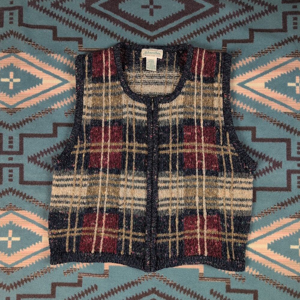 St Johns Vest Acrylic Wool Blend Cottagecore Vest Petite Medium Plaid Retro